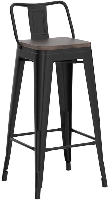 30" Metal Barstools Set of 4 Bar Height Bar Stools with Wooden Top Low Back Industrial Bar Stools Metal Stool for Indoor-Outdoor Counter Stools with Wooden Seat Matte Black