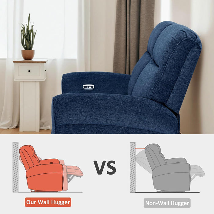 64.6" Wall Hugger Power Loveseat Recliner Sofa with USB Ports, Reclining Loveseat for Small Spaces Living Room RV, Fabric PR635M1 (Navy Blue)