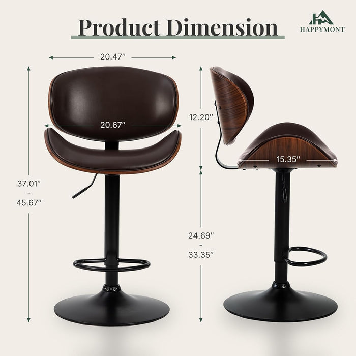 Bar Stools Set of 2, Adjustable Height 24-33'' Swivel Bar Chairs | PU Leather Upholstered Barstools with Removable Back for Kitchen Island Dining Room, Brown