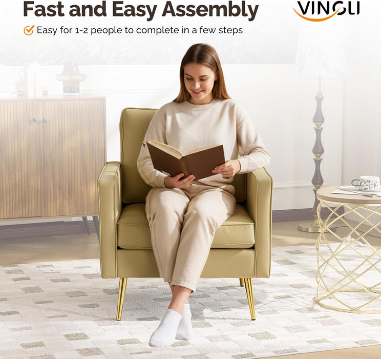 Modern PU Leather Accent Chairs Set of 2, Single Sofa Chair with Pocket Coil Seat, Metal Backrest & Solid Wood Frame, Upholstered Armchair for Living Room, Bedroom or Office