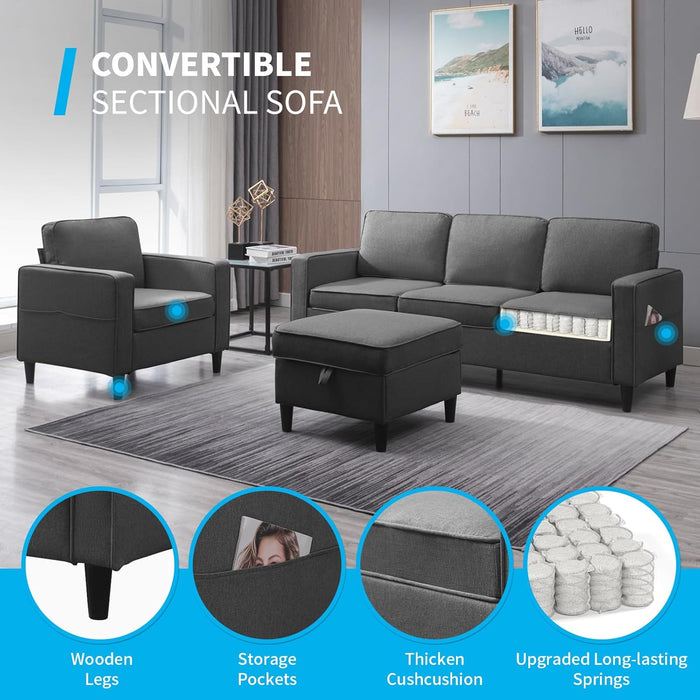 3PCS Convertible Sofa Set, Linen Upholstered Couch Set with Side Pockets, Modern Living Room Sofa with Storage Ottoman, Couch for Living Room Apartment (Dark Grey, Sectional Sofa + Single)
