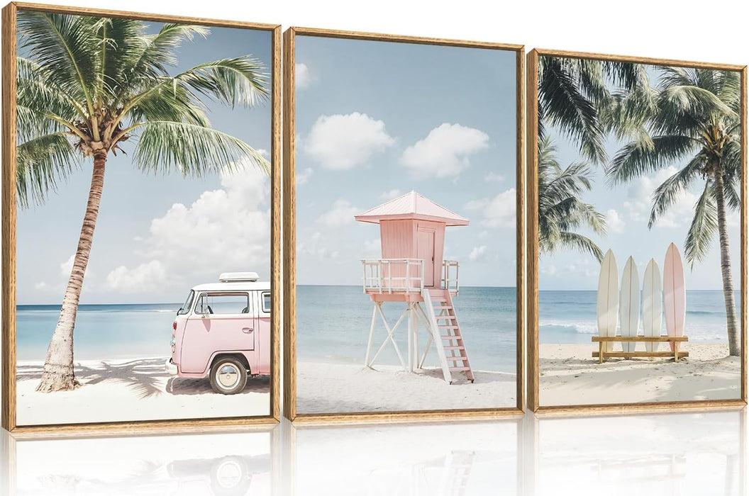 Large Beach Seascape Ocean Framed Canvas Wall Art Set,Modern Coastal Surfboard Palm Tree Wall Decor,Summer Pink Van Artwork for Living Room,Bedroom,Dining Room,Office-16 X24 X3