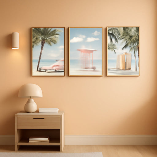 Large Beach Seascape Ocean Framed Canvas Wall Art Set,Modern Coastal Surfboard Palm Tree Wall Decor,Summer Pink Van Artwork for Living Room,Bedroom,Dining Room,Office-16 X24 X3