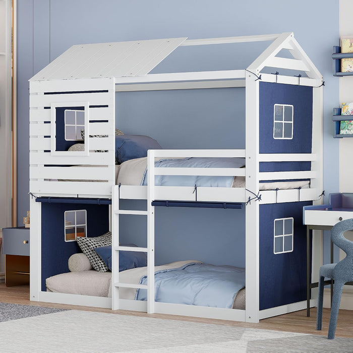 Twin Size BlueAndWhite Reinforced Pinewood Bunk Bed