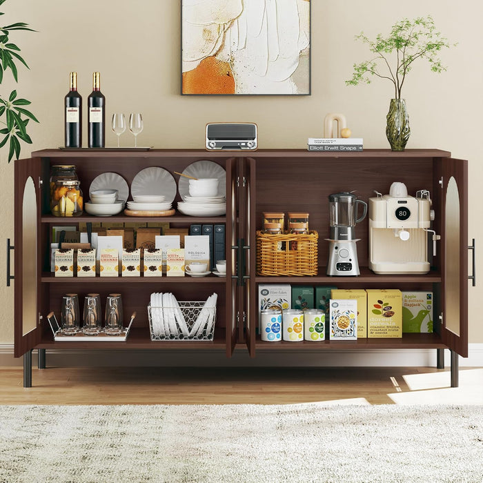 Sideboard Buffet Cabinet with Storage, 55" Modern Sideboard Cabinet with 4 Fluted Arcylic Doors & Adjustable Shelves, Wood Buffet Console Table for Living Room, Kitchen, Dark Walnut