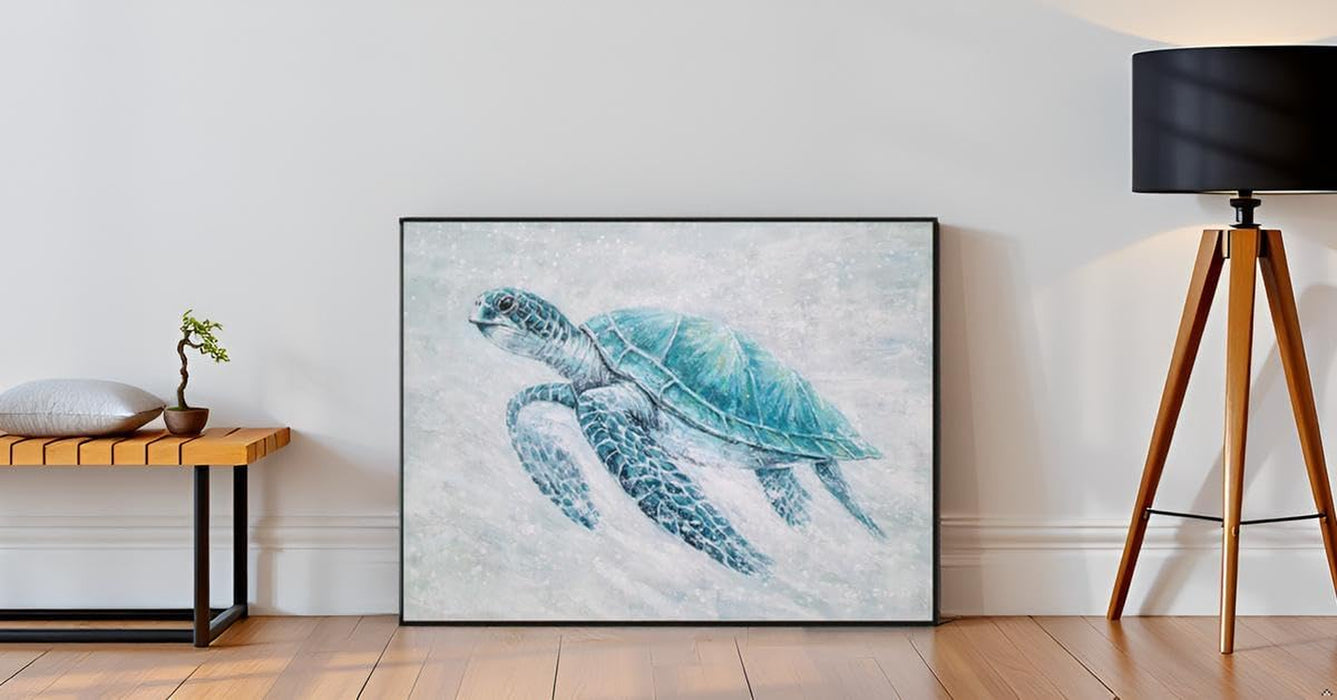 Sea Turtle Canvas Wall Art - Modern Hand Painted Teal Ocean Animal Artwork