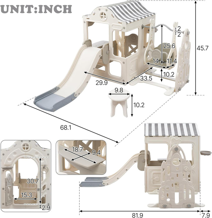 6-In-1 Toddler Slide Playset, Kids Slide and Swing with Playhouse, Climber, Basketball Hoop, Ring Toss, and Table, Slide for Toddlers Outdoor & Indoor Playground (Grey Playhouse)