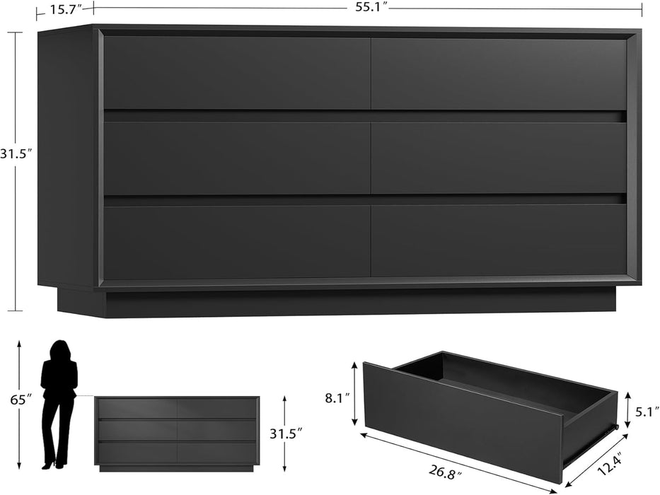 55" Dresser for Bedroom with 6 Drawers, Black Dresser with Metal Slide, Bedroom Dressers, Wood Dressers & Chests of Drawers for Bedroom, Hallway, Black