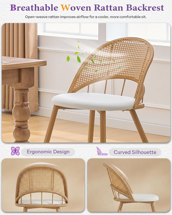 Rattan Dinner Chairs Set of 4 with Faux Leather Cushion, Modern Dining Room Chairs W/Adjustable Foot Pads, Kitchen Boho Chairs Mid Century Upholstered, White