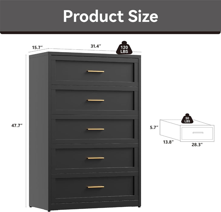 5 Drawer Metal Dresser, Heavy Duty Steel Storage Dresser with Smooth Glide Drawers,Anti-Tip Safety Metal Chest of Drawers for Entryway, Bedroom, Modern Industrial Style,Black