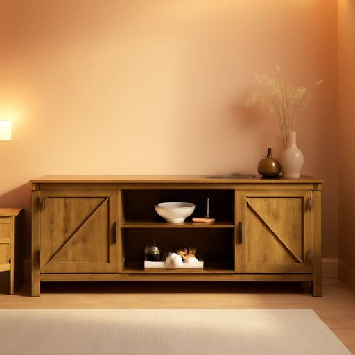 Georgetown Modern Farmhouse Double Barn Door TV Stand for Tvs up to 80 Inches, 70 Inch, Rustic Oak, without Fireplace, 15.75 X 70 X 24 Inches