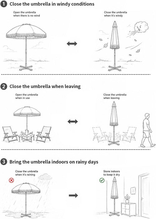 Boho Patio Umbrella, 6FT Beach Umbrella with Fringe, Wooden Pole