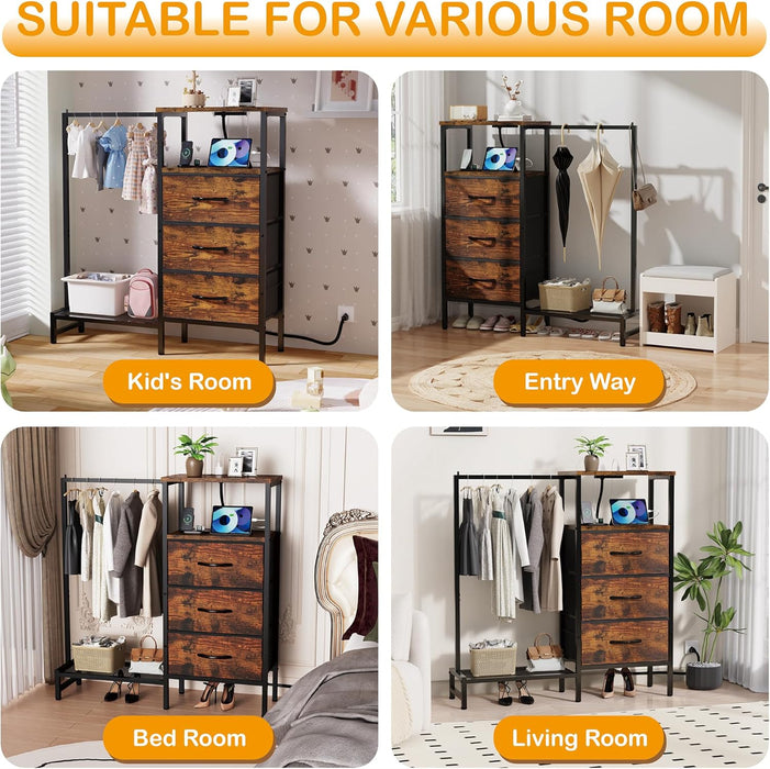 Dresser for Bedroom with Hanging Rack, 3 Drawers Closet with Charging Station, Fabric Chest of Drawers with Clothes Rack, Storage Organzier for Hallway Entryway, Brown