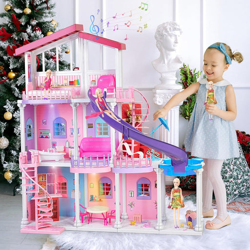 2024 Dream Doll House, 47'' ABS Plastic Large Dollhouse, Playhouse with 15+Furniture, Pool, Slide, W/Lights&Music, Princess Play House Toys Gifts for Girls Kids Ages 3 to 12 Year Olds