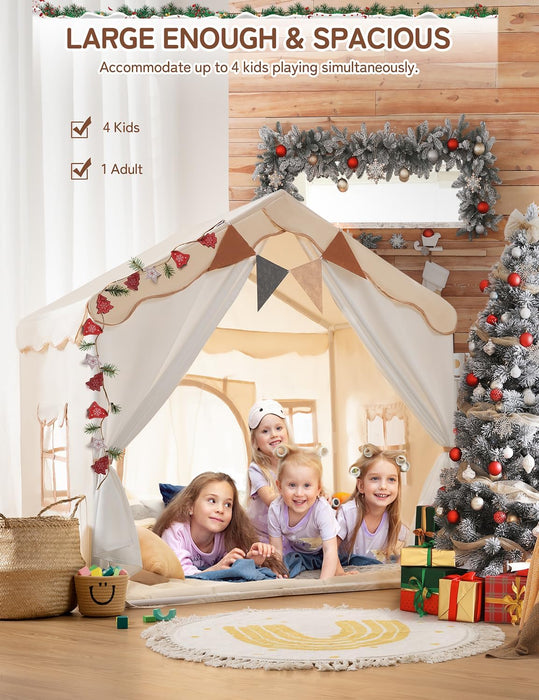 Kids Play Tent 2 in 1 with Padded Mat and Lights, Large Kids Playhouse with 2 Doors & 4 Windows, Indoor & Outdoor, Christmas Toddler Tent, 51" X35" X 51"
