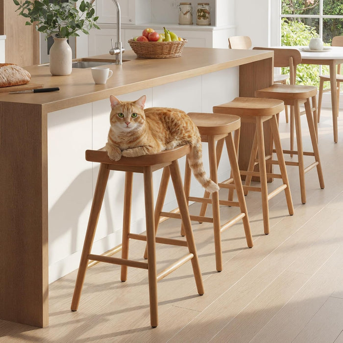 Backless Counter Height Bar Stools Set of 2, 24’’ Rustic Farmhouse Wooden Saddle Stools Ergonomic-Seat Bar Chairs, Bar Height Barstools for Kitchen Counter Island, Brown