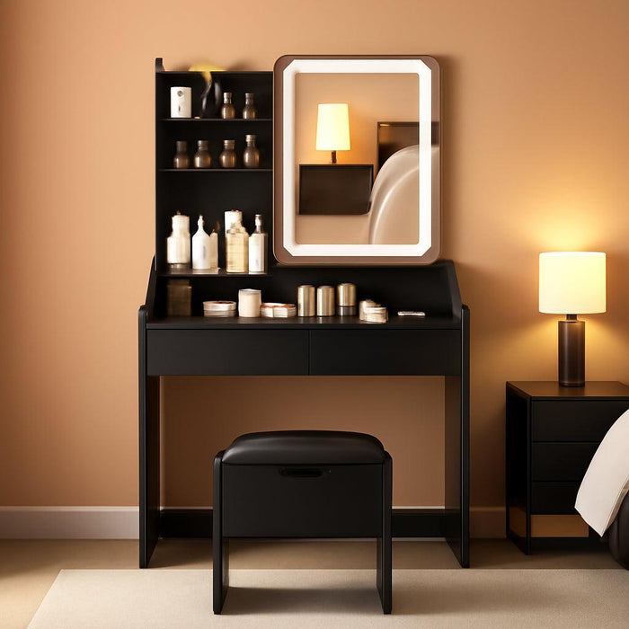 Vanity Desk with LED Light Mirror and Charging Station, Small Cute Vanity Set with 4 Storage Shelves 2 Drawers, Vanity for Girls Women with Storage Stool, Vanity Table for Bedroom (Black)