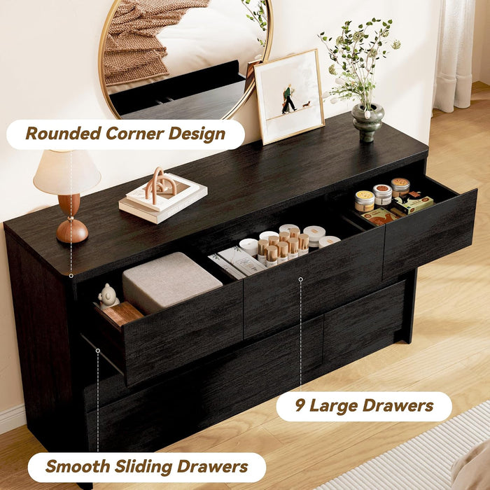 Black Dresser for Bedroom, 55" Wide Mid Century Modern Chest of Drawers with 9 Large Storage Space and Curved Edge Design, 9 Drawer Large Dresser for Bedroom