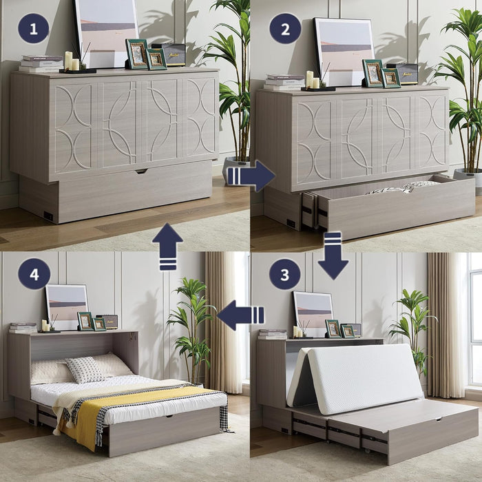 Queen Size Murphy Bed Wall Chest with Oversized Drawers and Folding Foam Mattress,Wood Hideaway Cabinet Platform Bedframe W/Set of Sockets & USB Ports,Space-Saving,For Small Room,Gray