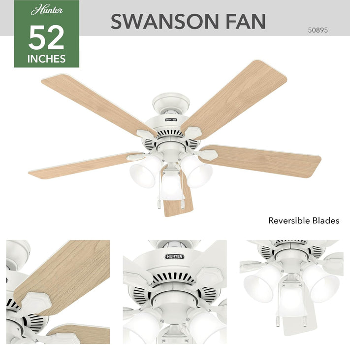 52 Inch Indoor Ceiling Fan with LED Lights - White Ceiling Fan with Pull Chain, for Bedroom, Living Room, or Kitchen, Standard Mount, No Remote, 5 Blades - Swanson 50895, Fresh White