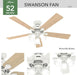 52 Inch Indoor Ceiling Fan with LED Lights - White Ceiling Fan with Pull Chain, for Bedroom, Living Room, or Kitchen, Standard Mount, No Remote, 5 Blades - Swanson 50895, Fresh White