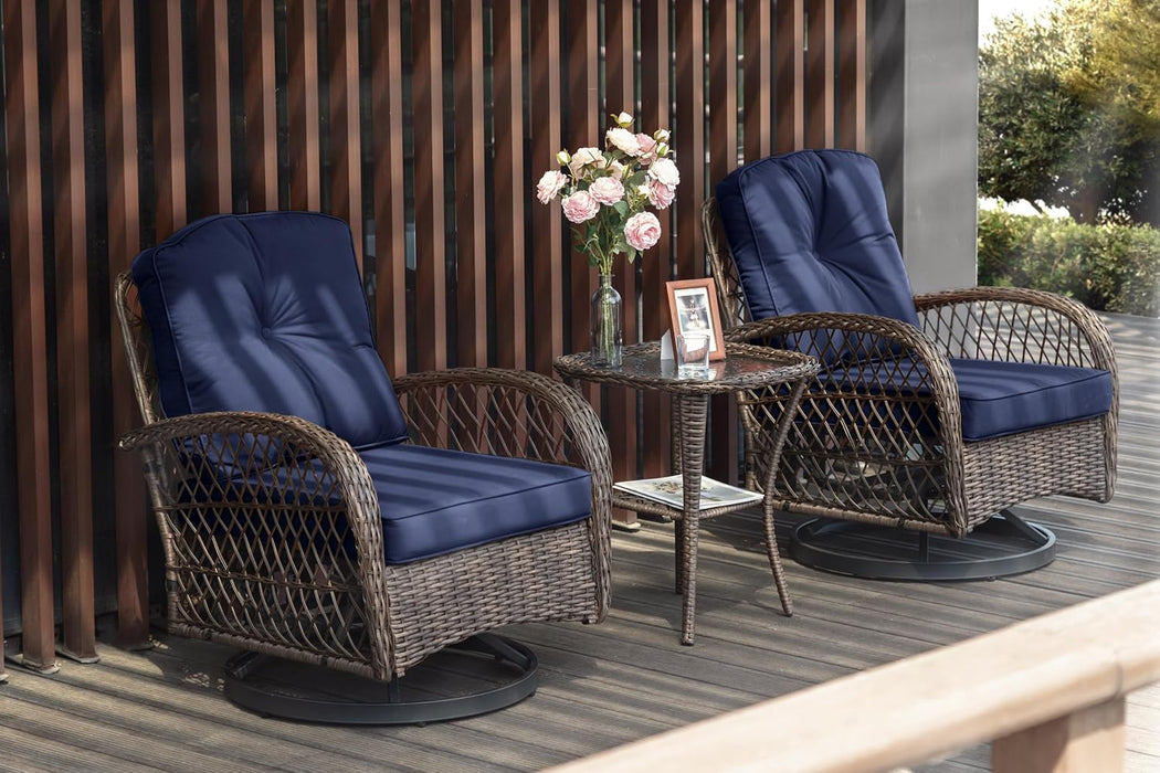3 Pieces Patio Furniture Set, Outdoor Swivel Glider Rocker, Wicker Patio Bistro Set with Rocking Chair, Cushions and Table (Blue)