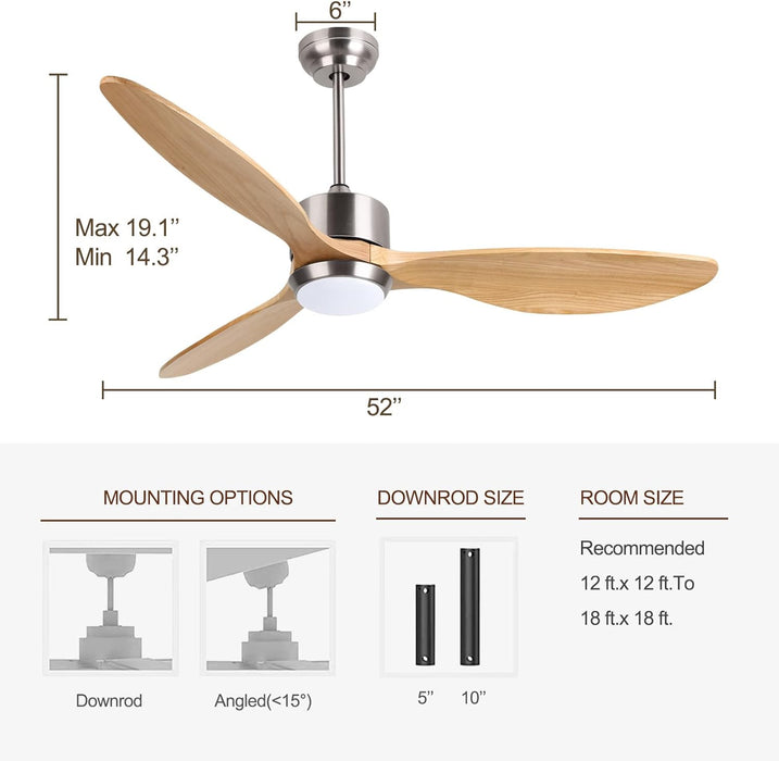 52 Inch Wood Ceiling Fans with Lights Remote Control, 6 Speed Quiet DC Motor 3 Blade Smart Ceiling Fan for Indoor Living Room Bedroom