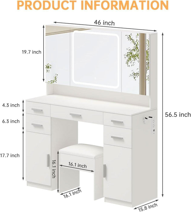 Vanity Desk with Mirror and Lights, Vanity Tables with 9 Drawers, Makeup Vanity with Tri-Folding 3 Colors Lighting Mirror and Cushioned Stool, Big Vanities Perfect for Bedroom, White
