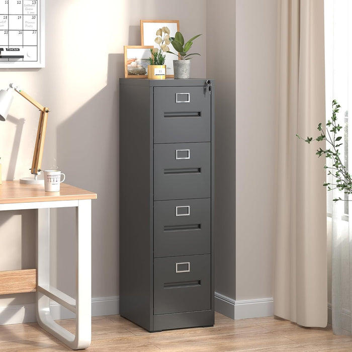 4 Drawer File Cabinet, Vertical File Cabinets with Lock for Home Office,Heavy Duty Office Steel Filing Cabinet for Hanging Letters/Legal/A4, Assembly Required (Black)
