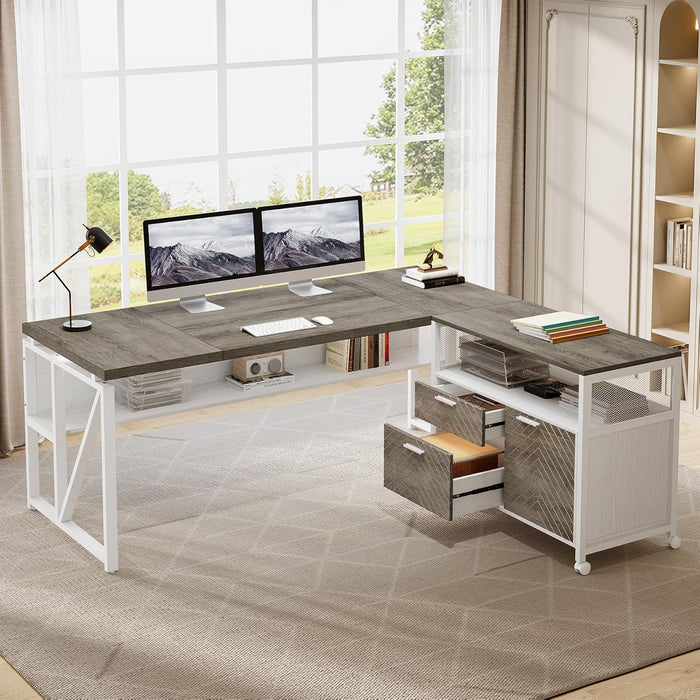L-Shaped Desk with Drawers, 63" Executive Office Desk with Mobile File Cabinet and Storage Shelves, Home Office Business Furniture Set (Gray, White)