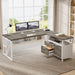 L-Shaped Desk with Drawers, 63" Executive Office Desk with Mobile File Cabinet and Storage Shelves, Home Office Business Furniture Set (Gray, White)