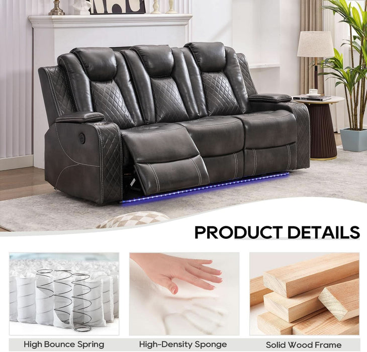 Power Reclining Sofa Couch with Wireless Charger, 3 Seaters with Recliner with Reading Light, Leather Electric 3 Seat Sofa Sectional Set for Living Room, Home Theater Seating with LED Lights, Grey