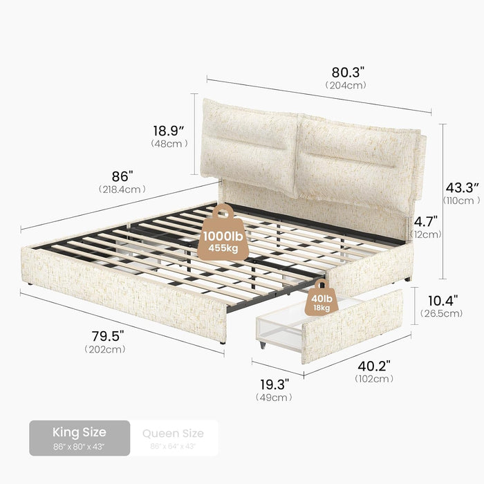 King Size Bed Frame with 4 Storage Drawers & Headboard with Dual Cushions, Freya Collection Upholstered Platform Bed, Oeko-Tex, Noise-Free, No Box Spring, Stone Beige