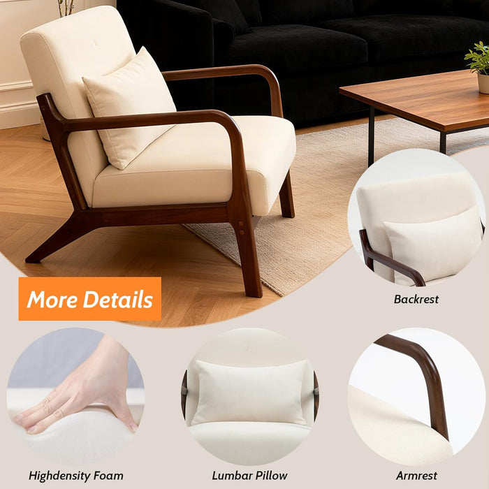 Modern Accent Chair, Cotton Linen Fabric Upholstered Lounge Armchair with Solid Wood Frame for Living Room, Bedroom, Reading Nook (White-Dark Brown Armrest)