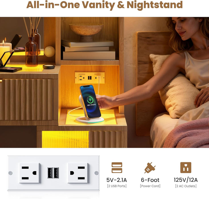 56'' Fluted Makeup Vanity Desk with Large 36" Mirror & Hollywood Bulbs, Smart RGB Lights, Glass Top Vanity with 8 Open Shelves, 2 RGB Drawers & Acrylic Cabinets, Big Vanity with Charging Station, Oak