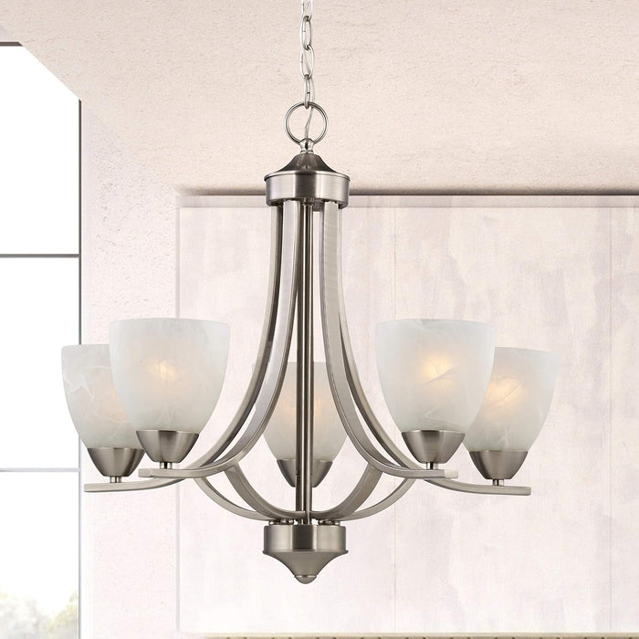Satin Nickel Five Light Alabaster Shades Chandelier