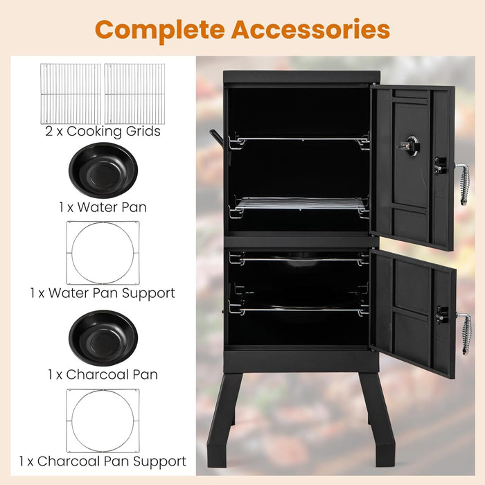 Outdoor Smoker with Double Doors, 2 Detachable Grill Netting Smoking Racks, Charcoal Pan & Water Pan, 4 Air Vents, Thermometer, Vertical Charcoal Smoker for Barbecue Camping Backyard Grill