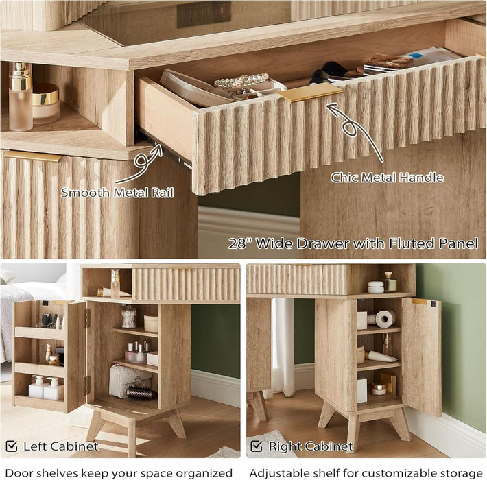 Fluted Makeup Vanity Desk with 3 Way Mirror and Lights, 48" Large Corner Vanity Table with Glass Top, Charging Station, 3 Drawers, Storage Cabinets & Shelves, for Bedroom, Natural Oak