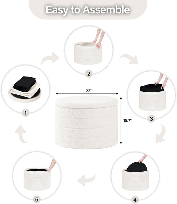 Ottoman with Stroage, round Sherpa Storage Ottoman Stool, Boucle Foot Rest22 X 22"X15.75" (White)