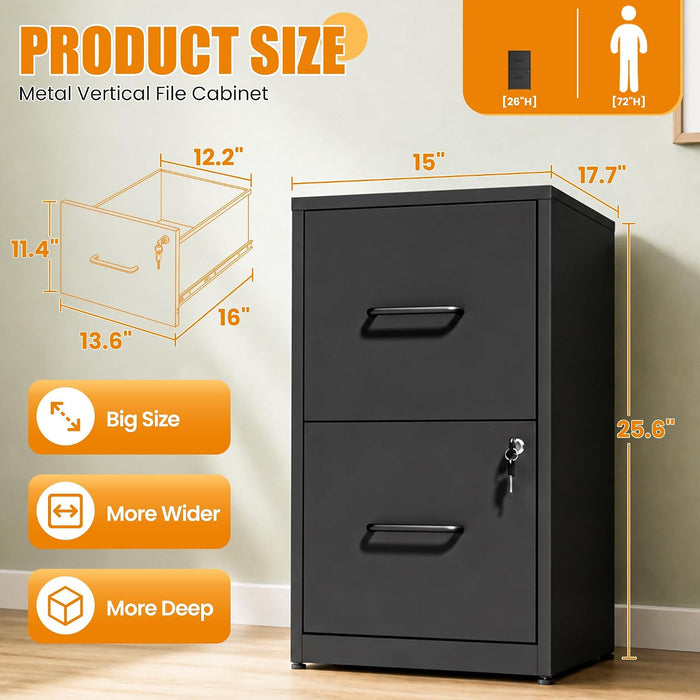 2 Drawer File Cabinet with Lock, Metal Vertical File Cabinets for Home Office, Office Furniture for Organization Hanging Legal/Letter/A4, Office File Cabinet Storage Cabinet, Require Assembly, Black