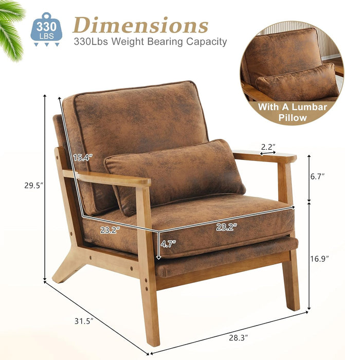 Solid Wood Wide Armrests Accent Chair Set of 2,Upholstered Mid Century Modern Chair with Pillow,Farmhouse Arm Chair Comfy Reading Chair,Chairs Living Room,Bedroom,Guest Room,Suede,Rustic
