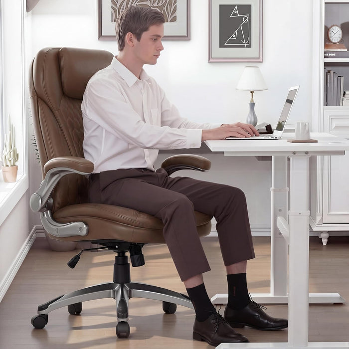 Executive Office Chair-Ergonomic Computer Desk Chair, High Back Leather Chair with Padded Flip-Up Arms, Swivel Home Office Chair Upgraded Caster, Brown