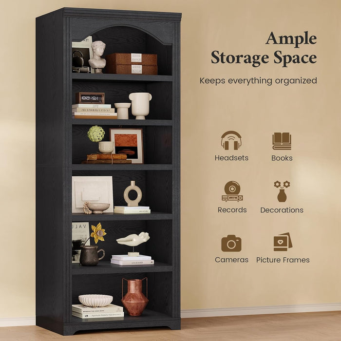 80.9 in Tall Arched Bookcase, Vintage 6-Tier Black Bookshelf with Classic Roman Column Design & Open Shelves for Living Room, Kitchen, Black