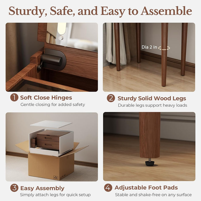 Small Vanity Desk and Vanity Stool Bundle, Vanity Set with Mirror and Stool and Lights, Solid Wood Vanity Desk and Chair Set, Makeup Vanities & Vanity Benches (Vanity 19.6 Inch Wide, Walnut)
