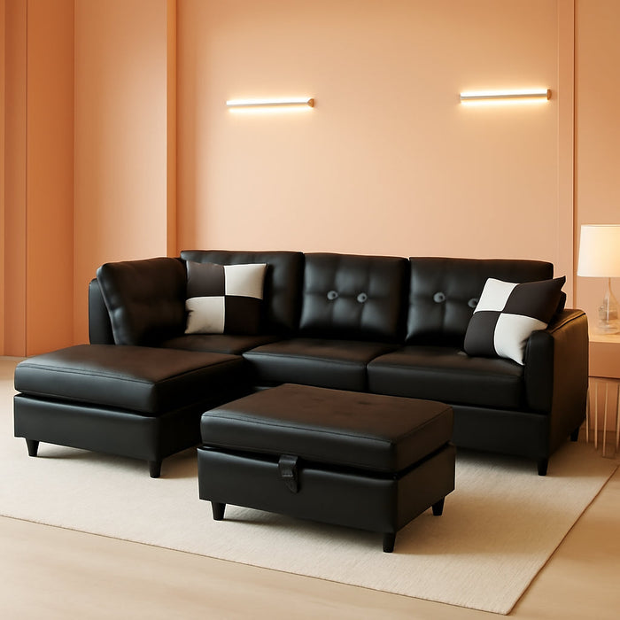 Ainehome 3 PCS Living Room Set, Sectional Sofa Set, L-Shape Couch in Home, with Storage Ottoman and Matching Pillows (Left Hand Facing,Black)