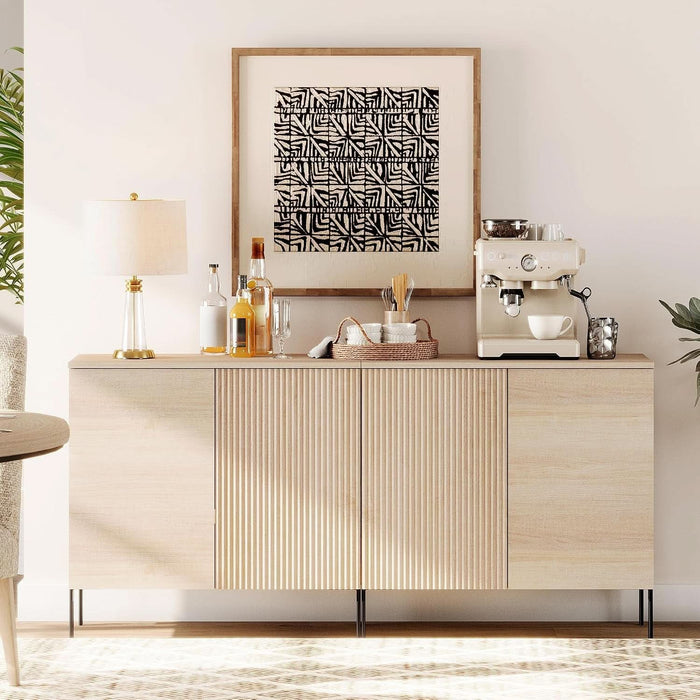 63" Sideboard Buffet Cabinet with 4 Doors and Adjustable Shelves, Fluted Storage Cabinet, Modern Credenza Coffee Bar Wine Bar Table for Kitchen, Dining Room, Living Room,Beige
