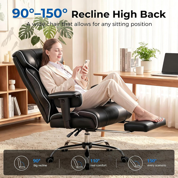 Big and Tall Office Chair,Heavy Duty Gaming Chair with Foot Rest and Wide Pocket Spring Cushion Reclining Height Adjustable for Home Office Work, Comfy Pu Leather Black-White