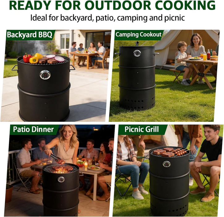 Charcoal Smoker Grill, 20.9" Barrel Charcoal BBQ Smoker, Coated Steel Outdoor Barbecue Grill with 2 Grilling Grates, 1 Hanging Rod, 6 Hooks & Thermometer for Party Backyard Patio Cooking