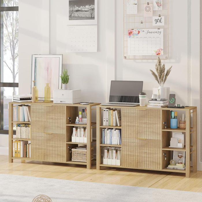 Filing Cabinet for Home Office, Fluted Wood File Cabinet with 2 Drawers Fit Letter/Legal/A4 Folders with Tabs, 43.3"W Printer Stand with Lock & 2 Power Outlets, 6 Storage Shelves (Natural Oak)