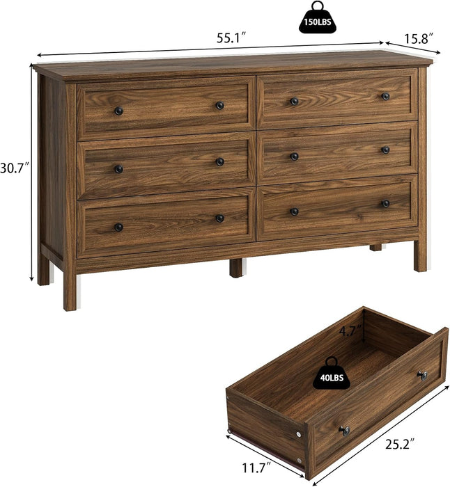 55Inch Walnut BedroomSuite Dresser Six Drawers Premium
